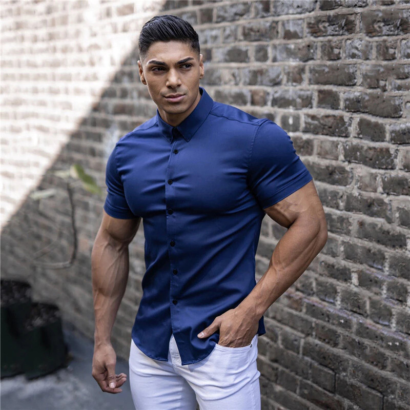 Camisa Elegante De Manga Corta Para Hombres Moda Botones Verano Negocios Casual