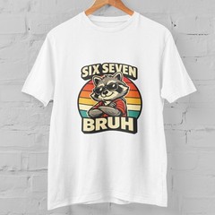 SIX SEVEN BRUH Funny Raccoon Rainbow Graphic 100% Cotton T-Shirt Humor Tee