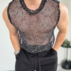 Men’s Fishnet Hollow Vest Sleeveless Shiny Mesh Tank Top for Club Party Daily