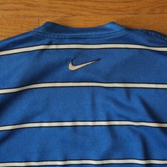 Nike 90s Striped T Shirt Blue Embroidered Center Swoosh Vintage Size M Sporty