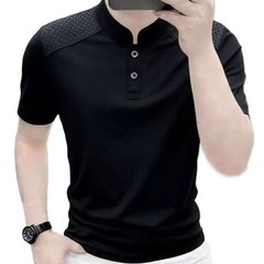 Business Casual Short Sleeve T-Shirt for Men Solid Spliced Mesh Slim Collar