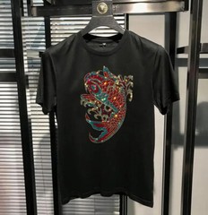 New Fashion Diamond Fish Rhinestones Short Sleeve Luxury Men Black White T-Shirt