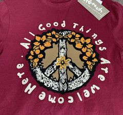 AGTAWH Mens T-Shirt Large 100% Cotton Floral Peace Sign Embroidered Burgundy Red