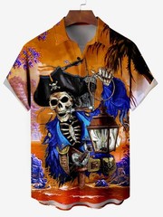 Mens Button Down Blue Pirate Skull Lantern Hawaiian Top Novelty Summer Shirt