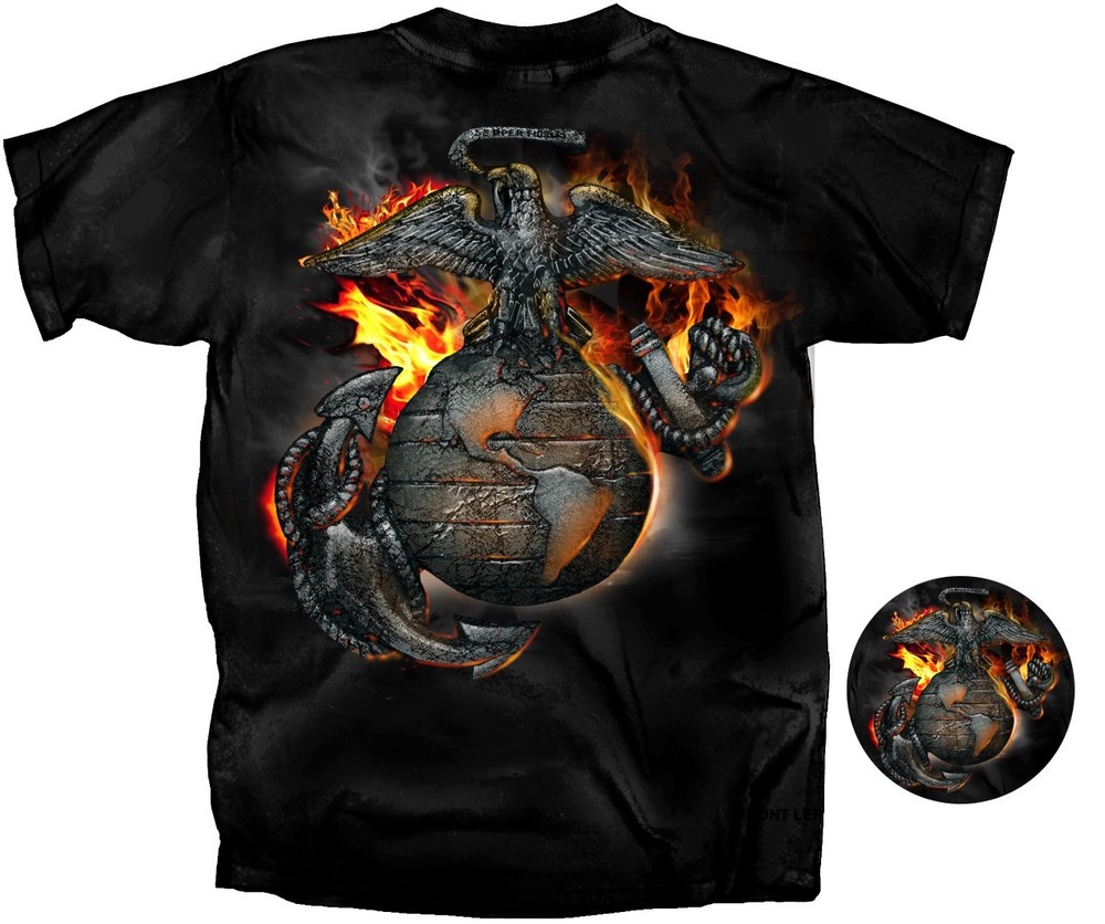 JOE BLOW T’S MILITARY U.S. MARINES EAGLE FLAMES MEN’S BLACK TEE SHIRT