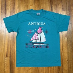 Vtg 90s Hanes Heavyweight 50/50 Antigua T Shirt Large Single Stitch Teal Beach