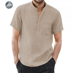 Men’s Cotton Linen Short Sleeve Casual Shirt Breathable Summer T-shirt Tee Gift
