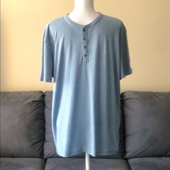 T&B Blue Cotton Polyester Blend Button Front Short Sleeve Relaxed Fit Mens Tee L