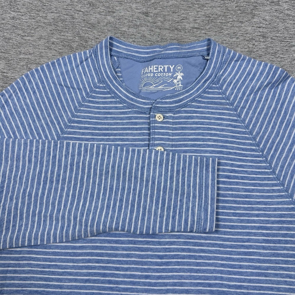 Faherty Shirt Mens Medium Blue Striped Cloud Cotton Henley Long Sleeve Preppy