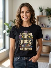 Leveling Up My Rock Collection Gamer Geology Black T-Shirt Crystal Tee
