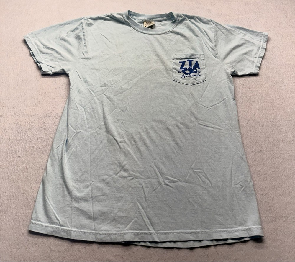Zeta Tau Alpha ZTA Sorority Masquerade 2023 Formal DJ Pocket T-Shirt Blue Large