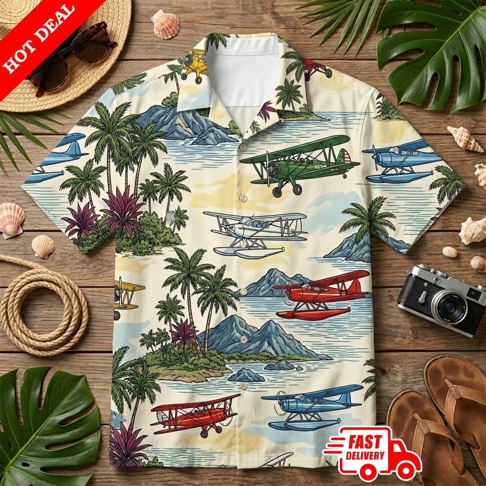Aircraft Summer Tropical Pattern Hawaiian Shirt For Men, Hawaiian Casual Button