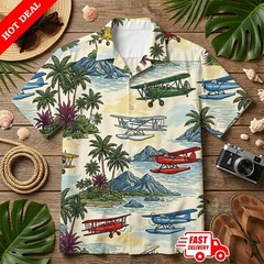 Aircraft Summer Tropical Pattern Hawaiian Shirt For Men, Hawaiian Casual Button