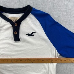 Hollister Men Medium Henley Raglan Baseball Shirt Blue White 3/4 Sleeve Y2K Surf