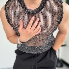 Men’s Fishnet Hollow Vest Sleeveless Shiny Mesh Tank Top for Club Party Daily