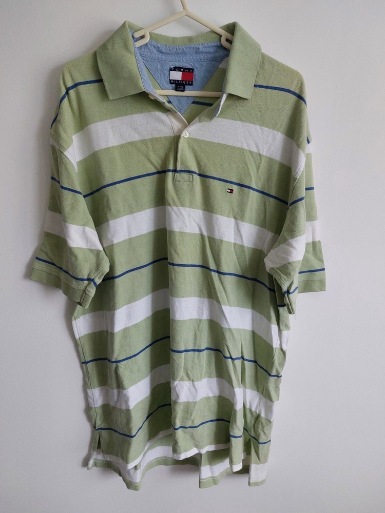 TOMMY HILFIGER XL XG GREEN WHITE BLUE POLO SHIRT VERY GOOD USED CONDITION