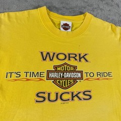 Vintage Harley Davidson Shirt Mens XL Yellow Work Sucks Lets Ride Curlys NC Y2K
