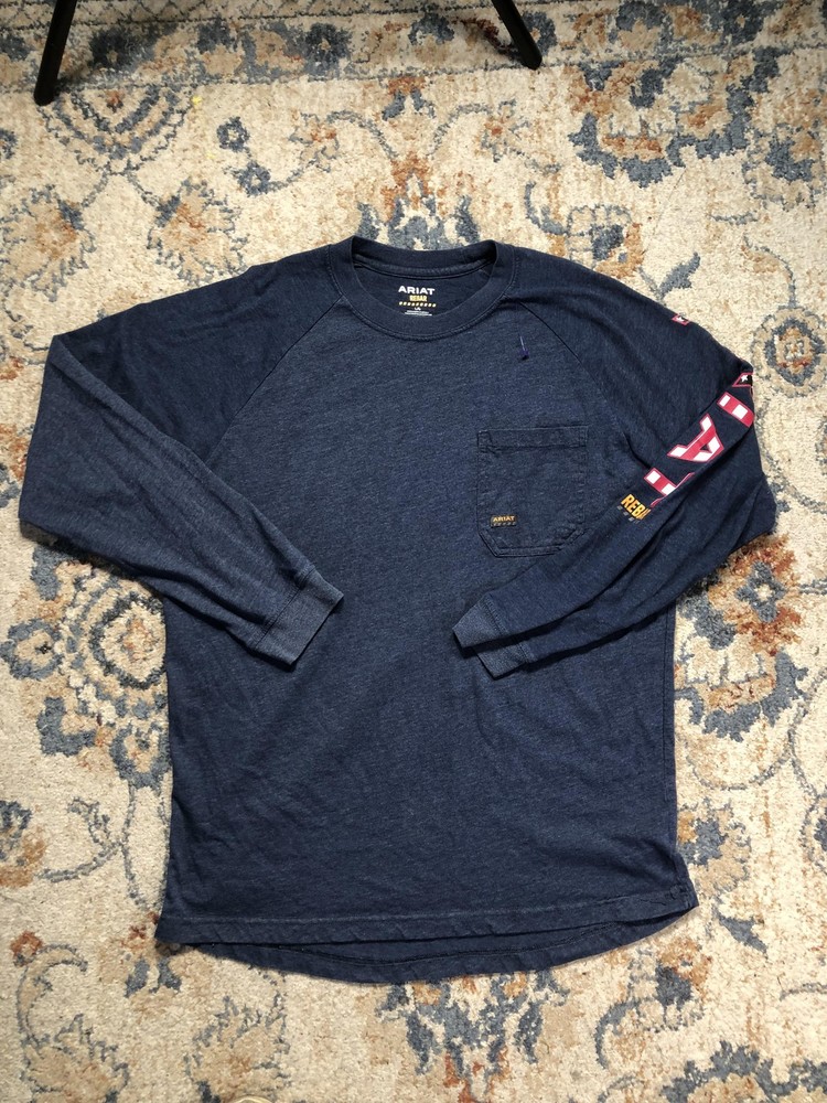 Ariat Rebar Shirt Mens Large Blue Long Sleeve Pocket Workwear Logo Tee Tagless