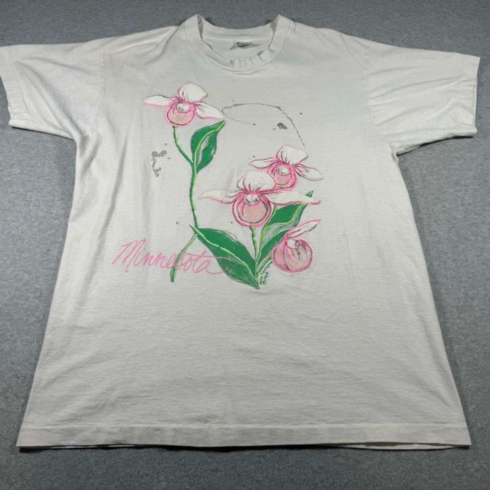 Vintage Minnesota Shirt Adult Large White Single Stitch Flowers Mens 90s Painted