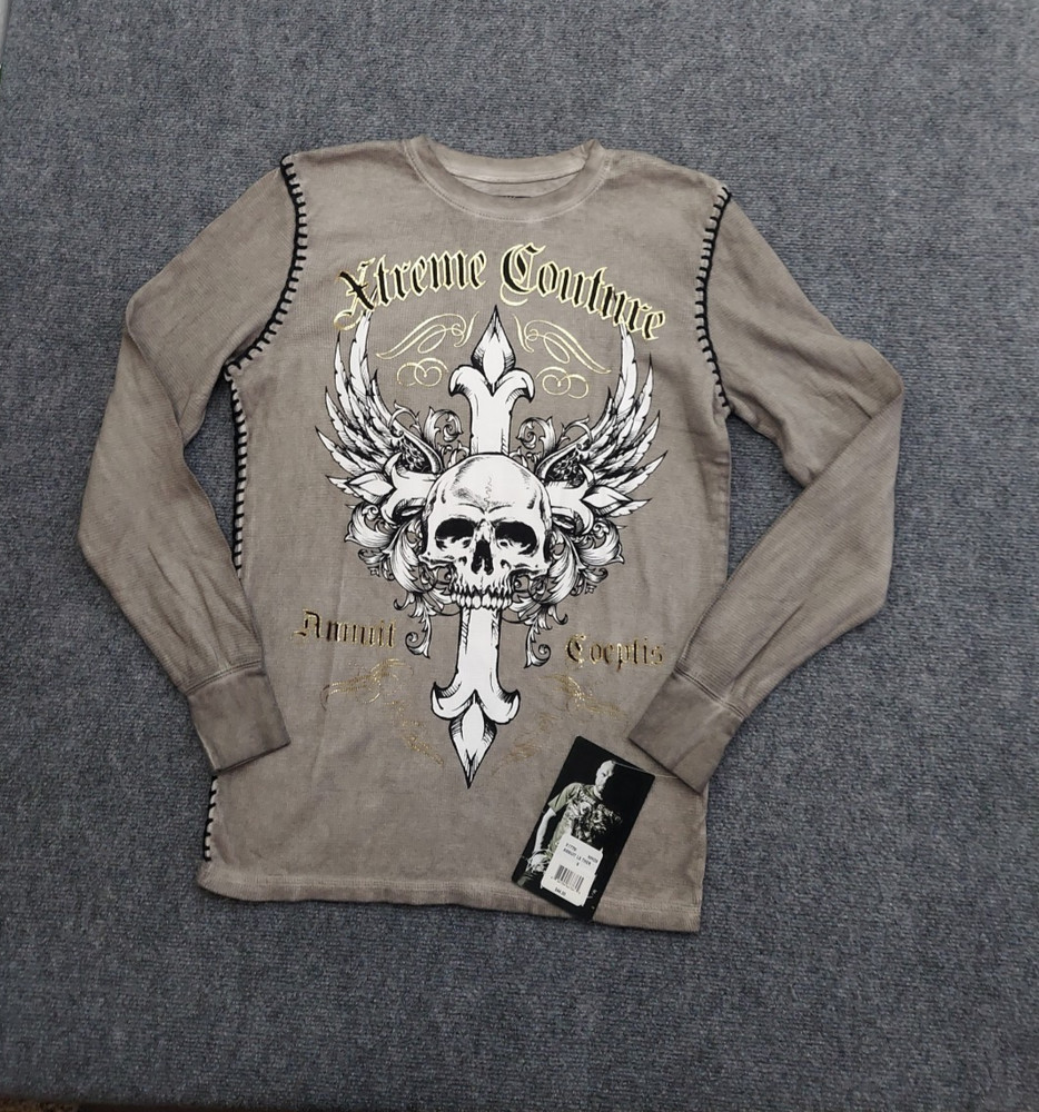 Affliction Xtreme Couture Shirt Men Small Brown Thermal Long Sleeve Skull Cross