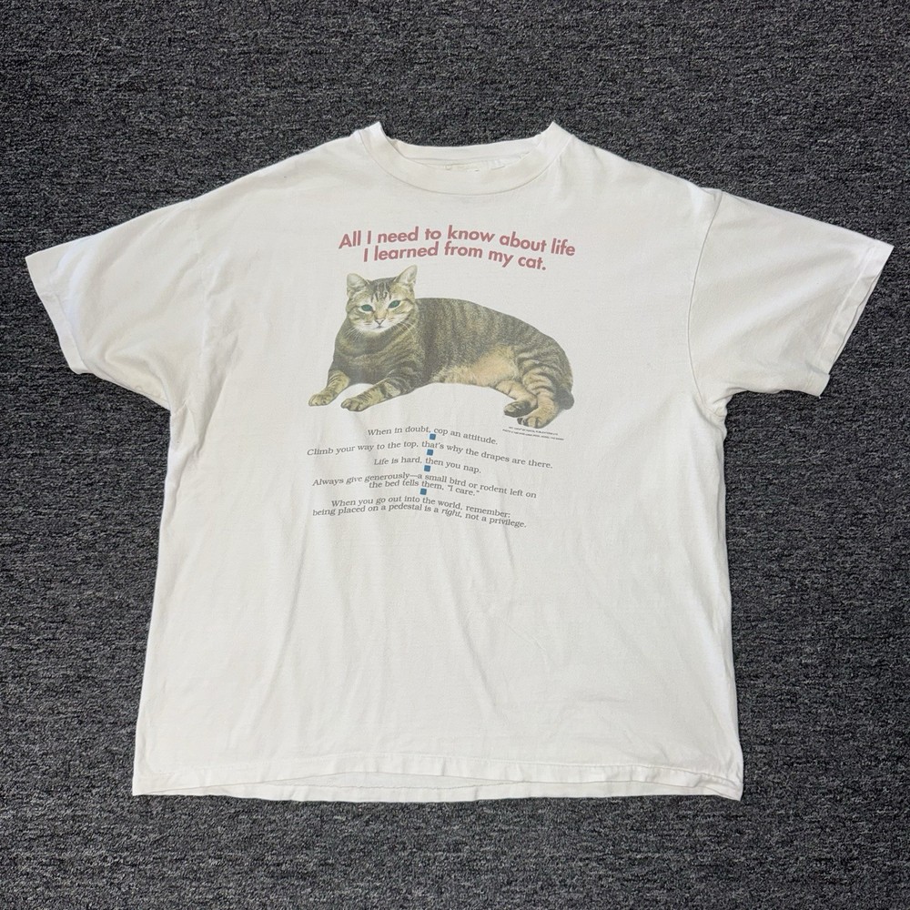 Vintage 90s White Funny Single Single Stitch Cat Funny Joke Art T-Shirt Sz XL