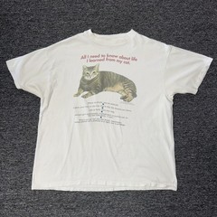 Vintage 90s White Funny Single Single Stitch Cat Funny Joke Art T-Shirt Sz XL