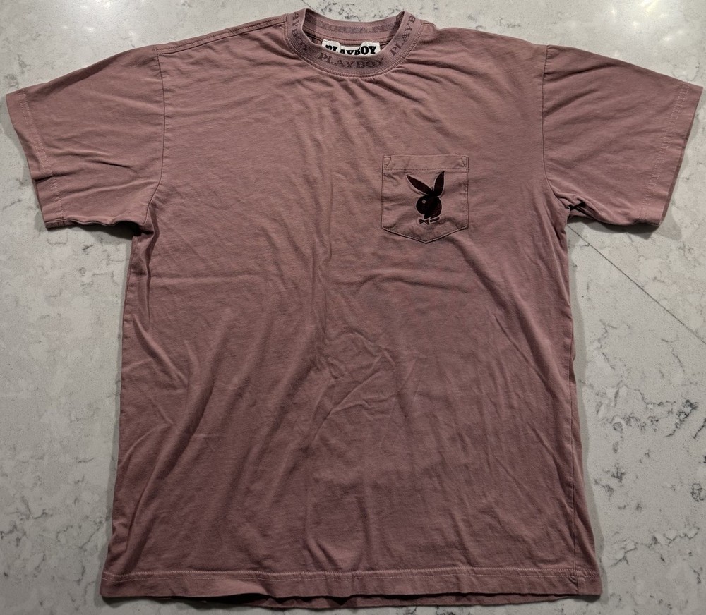 Playboy PacSun T-Shirt Mens Small Pink Cotton Embroidered Bunny Logo Pocket Tee