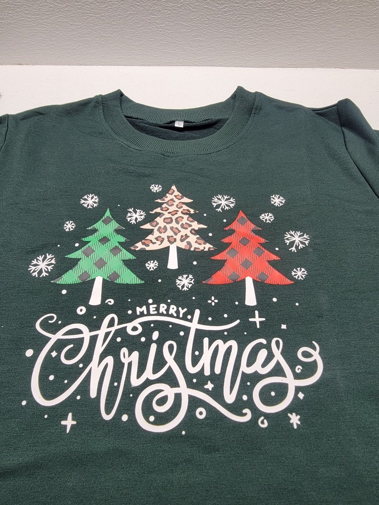 Christmas Tree Shirt Women’s XL Green Plaid Holiday Graphic Long Sleeve