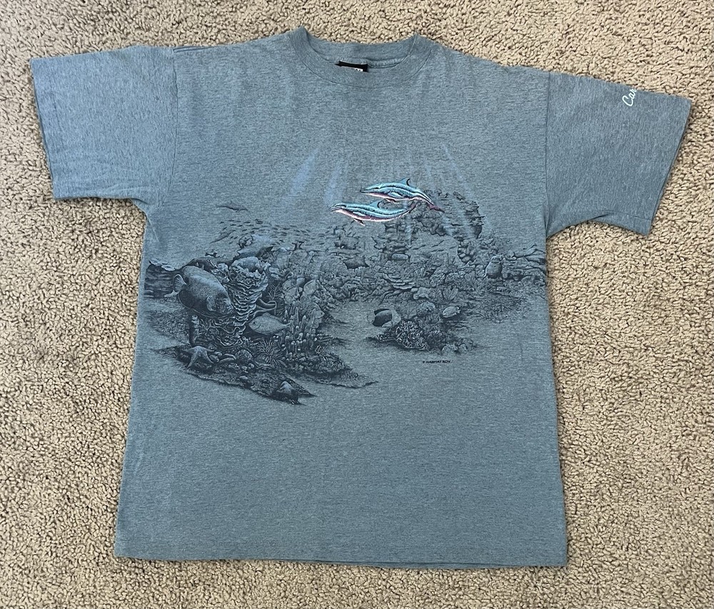 Vintage 1990s Dolphin Sea Creatures Wrap Around T Shirt Blue L Embroidered