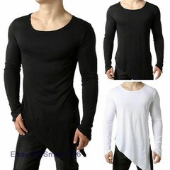 Mens Asymmetric Slit Hem Summer T-shirt Top Tee Long Sleeve Pullover Shirt Hot