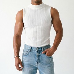 Men’s Casual Sleeveless Ribbed Tank Top Vest with Half Turtleneck Design