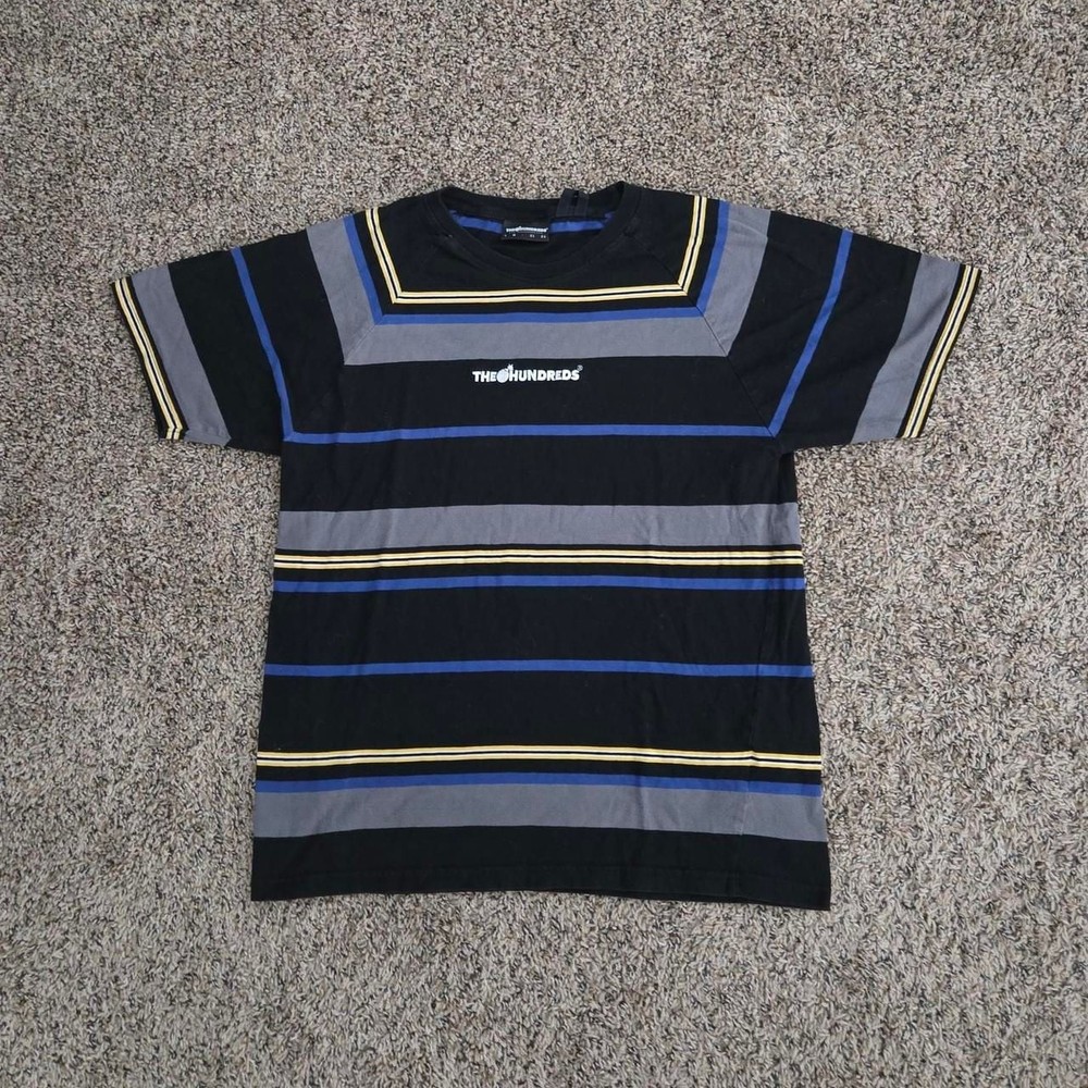 The Hundreds Vintage Y2K Striped Embroidered Graphic T-Shirt Black Blue Yellow
