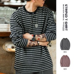 American Casual Striped Men Loose Retro Henry Collar Long-Sleeved T-Shirt Autumn