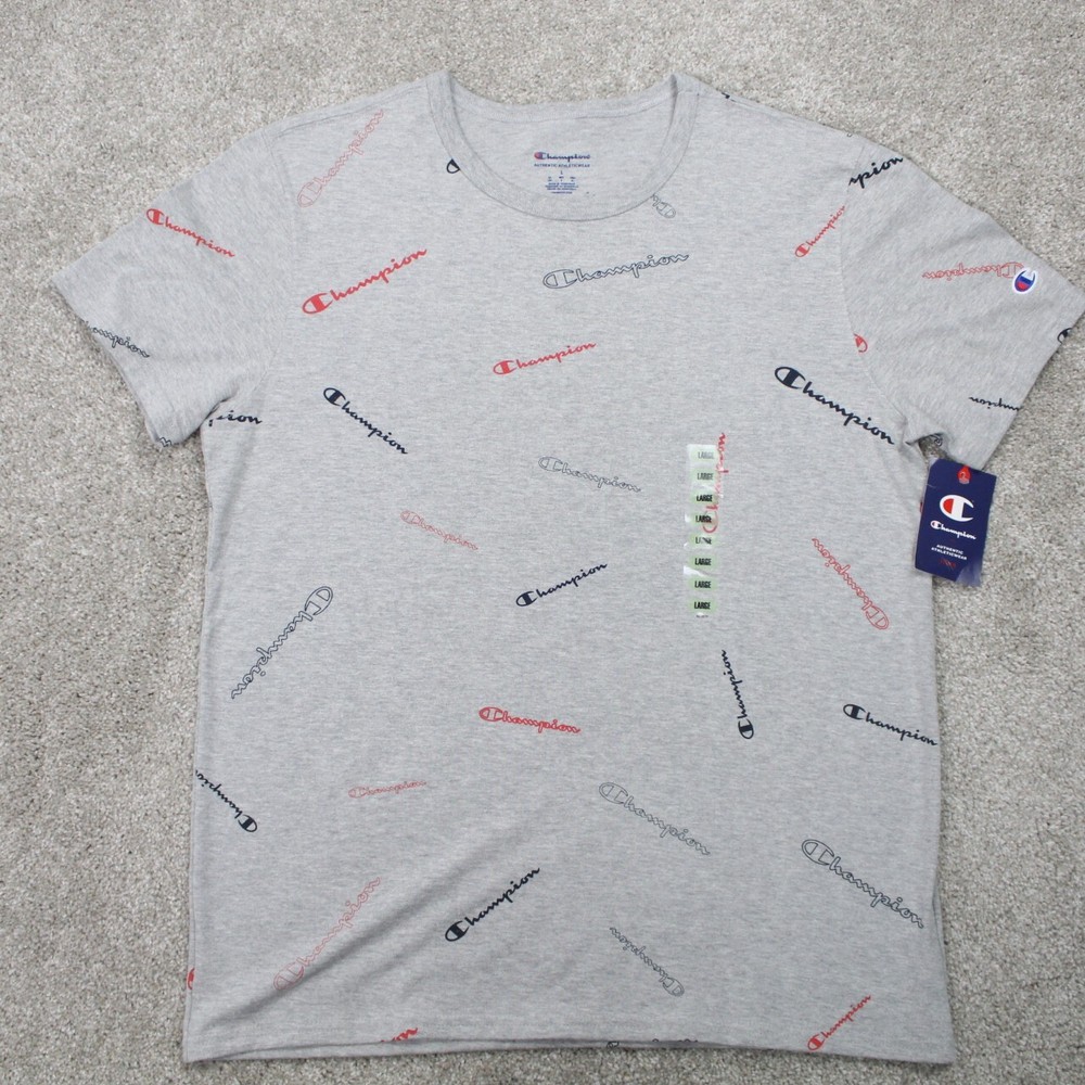 Champion AOP Shirt NWT Mens Large Gray All Over Cotton/Poly Blend S/S Pullover