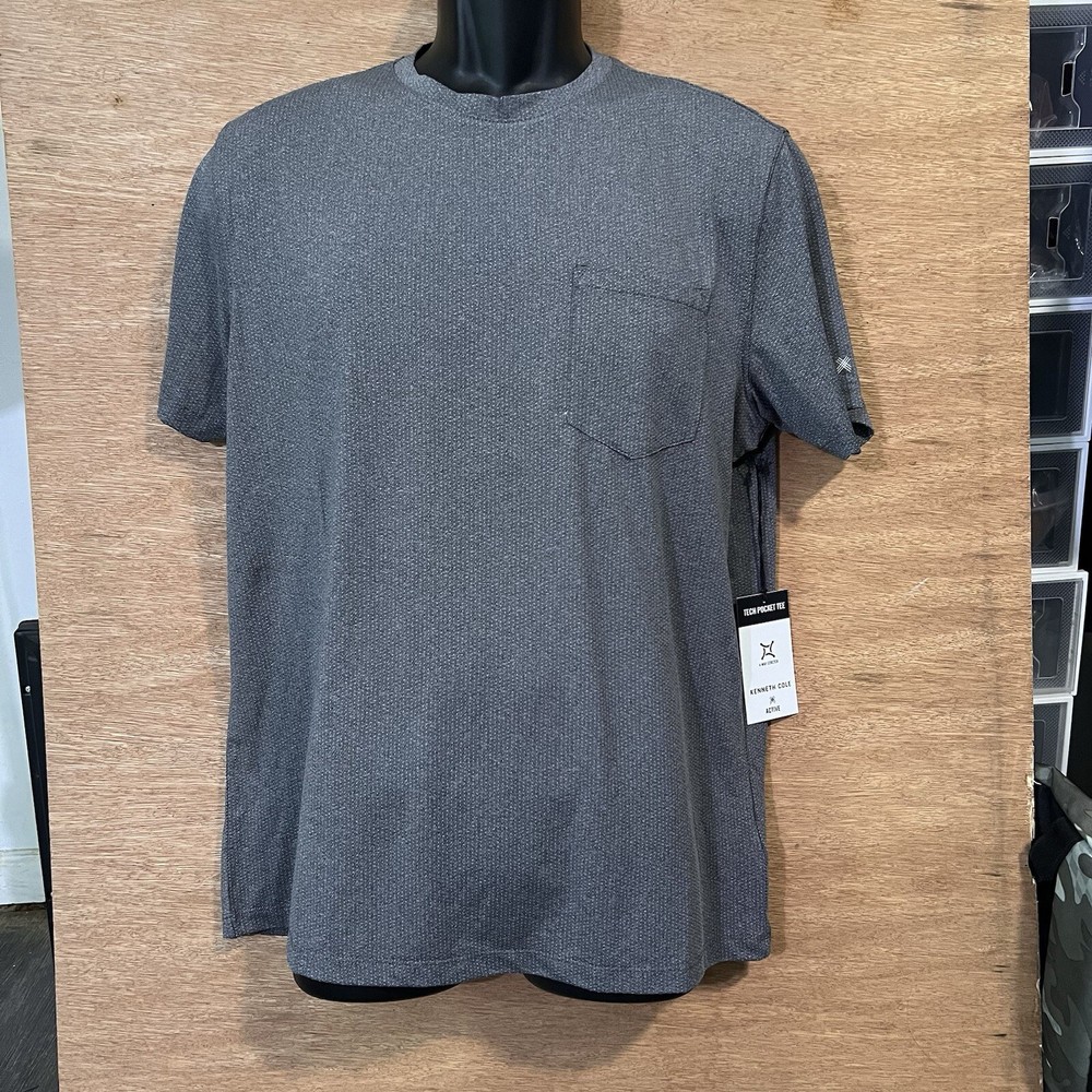 Kenneth Cole Slim Tech Pocket Tee Crew 4 Way Stretch Active Shirt Gray Mesh NWT