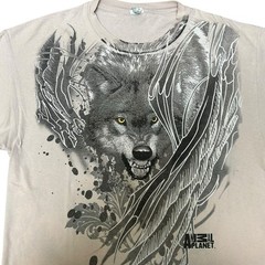 Vintage Y2K Tribal Animal Planet Wolf T-shirt Sz L Cyber Tattoo Worn Distressed