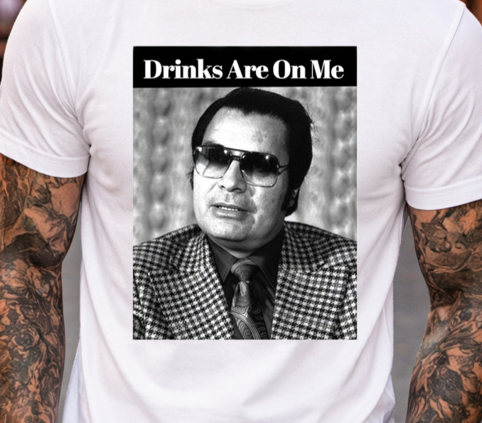 Drinks Are On Me Jim Jones Graphic T-Shirt Men’s White Funny Novelty Tee