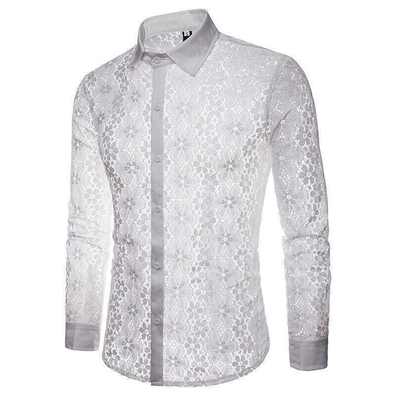 Men’s Hollow Out Lace Shirt Nightclub Stage Party Long sleeved Shirts Dress Tops
