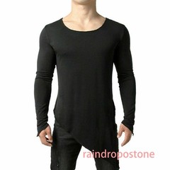 Men Asymmetrical Long Sleeve T Shirt Black White Irregular Hem Gothic Top