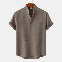 Mens Stand Collar Solid Color Shirt Casual Loose Button Short Sleeve Blouse Top