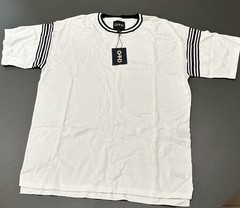 OTD Men’s Knit T-Shirt White Black Striped Sleeves Contrast Trim Crew Neck M