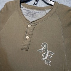American Eagle Shirt Mens Y2K Henley Long Sleeve XL Brown Lined Grunge Preppy