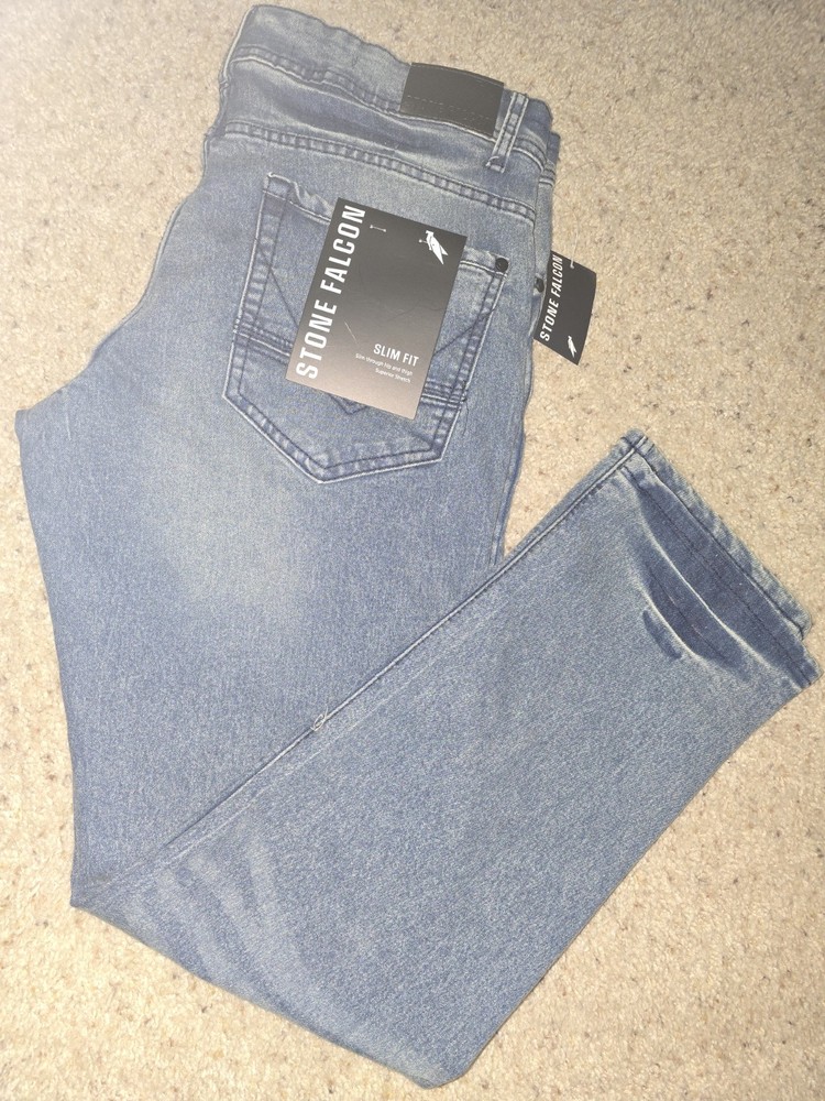 Stone Falcon Slim Fit men’s Jeans Light Blue Wash Stretch Button Denim 36×32