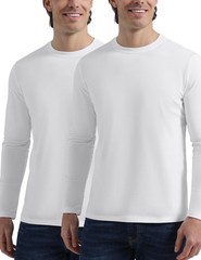 Men’s 2 Pack Long Sleeve Soft Casual Cotton Crew Neck Shirts (White, Medium)