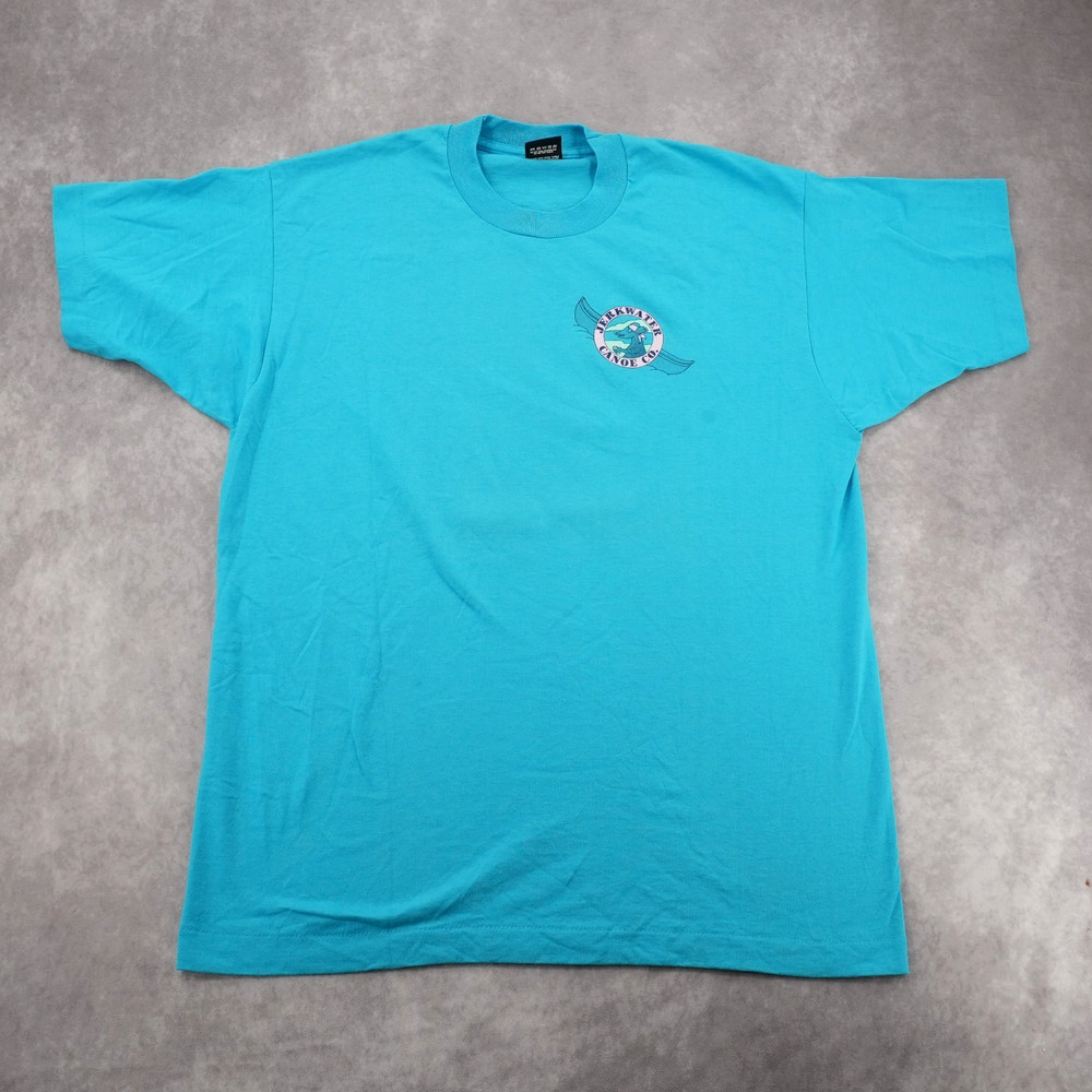 Vintage 90s Jerkwater Canoe Co T-Shirt XL Cyan Screen Stars Graphic Tee USA