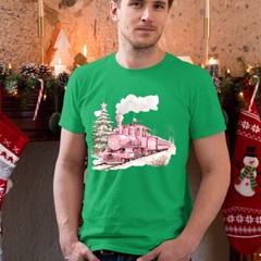Christmas T-Shirt Pink Train Snowy Winter Scene Mens and Womens Tee #MC