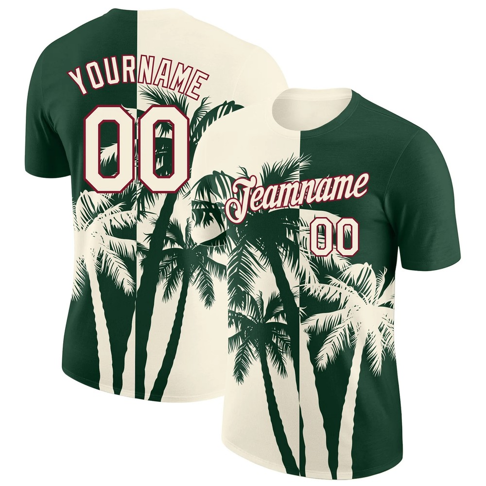 Custom Green Cream Crimson Hawaii Palm Tree T-Shirt Tropical Summer Beach Gift
