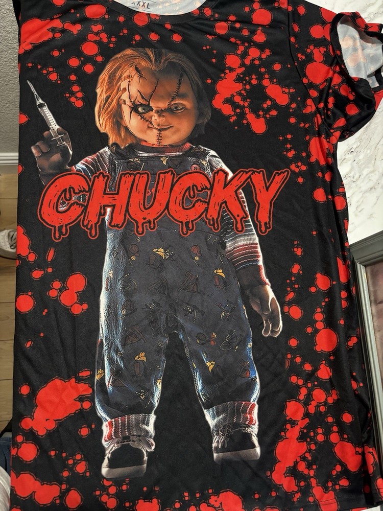 Chucky Child’s Play Horror Movie Graphic Tee Black/Red Splatter Crew Neck 3XL