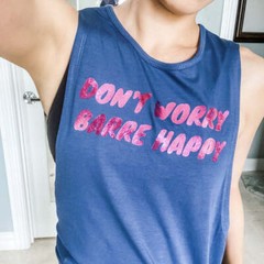Don’t Worry Barre Happy – Pink Foil – Navy Muscle Tank