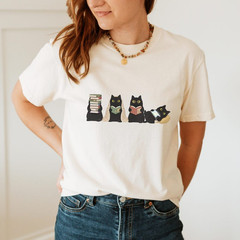 Black Cats Reading Shirt, Book Lover Cat, Cozy Reader Gift For Her